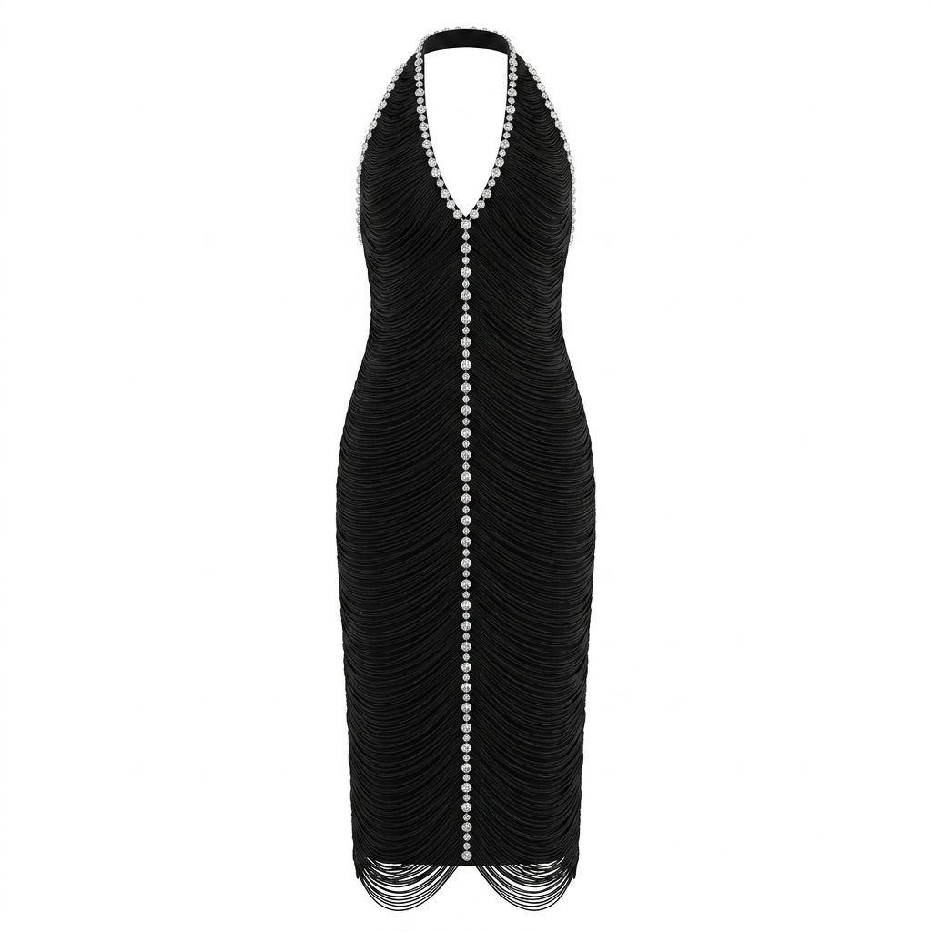 Black High-Neck Dress with Elegant Jewelry