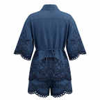 Dark Blue Embroidered Blouse and Shorts