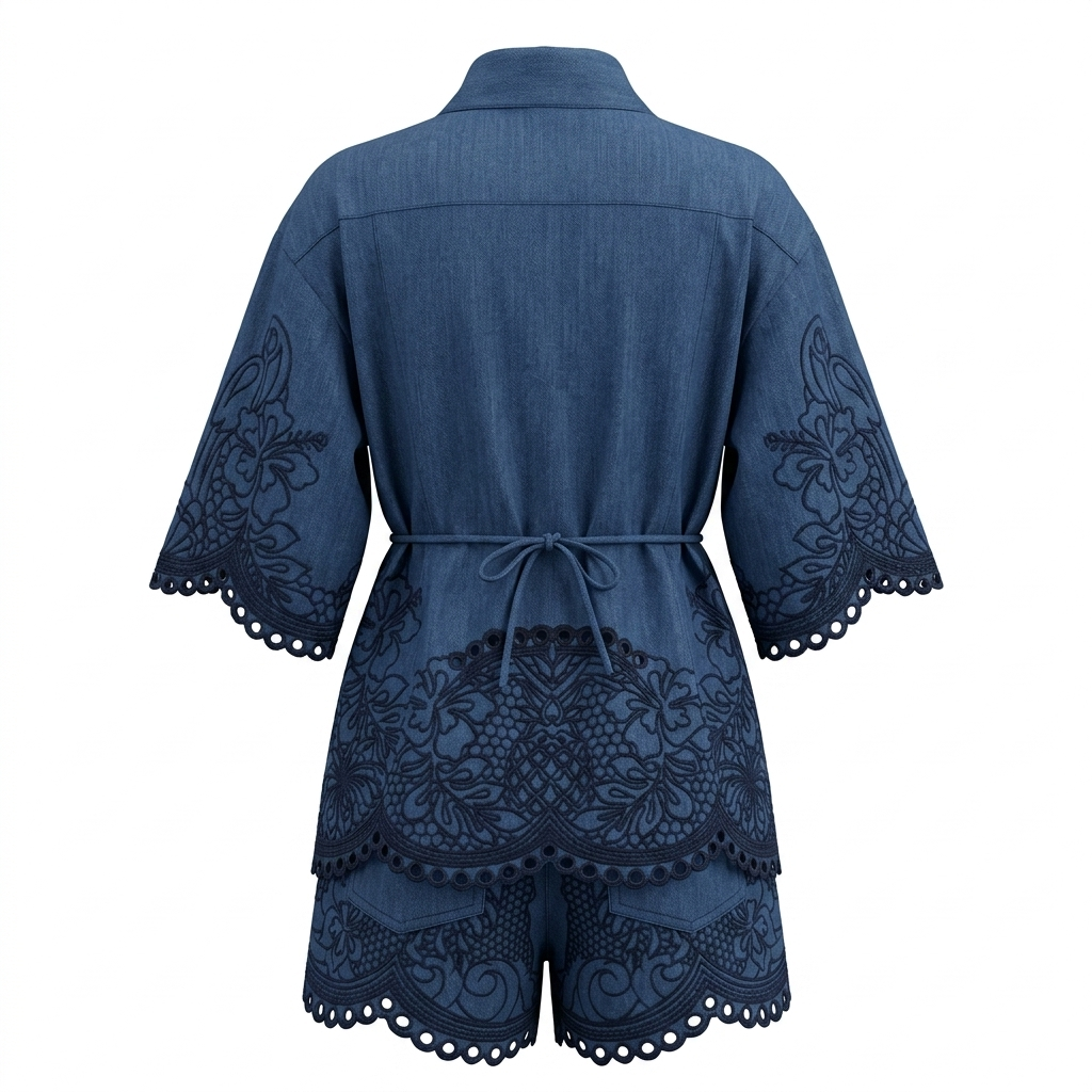 Dark Blue Embroidered Blouse and Shorts