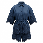 Dark Blue Embroidered Blouse and Shorts