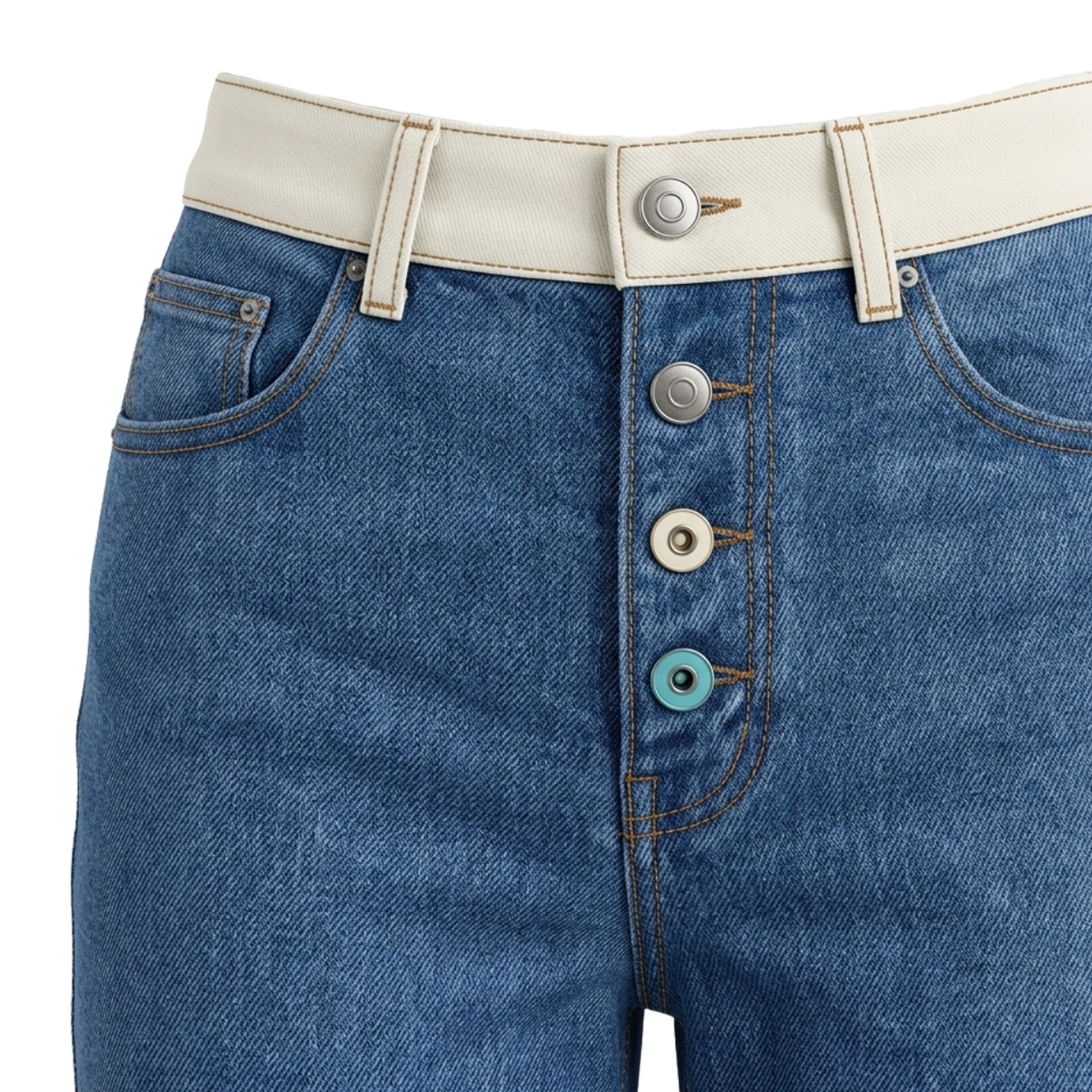 Long Denim Pants with White Details and Colored Buttons