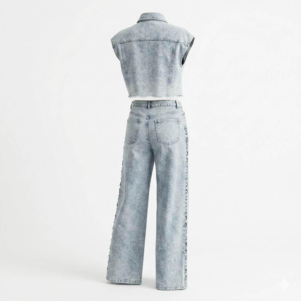Conjunto de top vaquero y pantalón largo con bordado