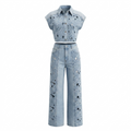 Conjunto de top vaquero y pantalón largo con bordado