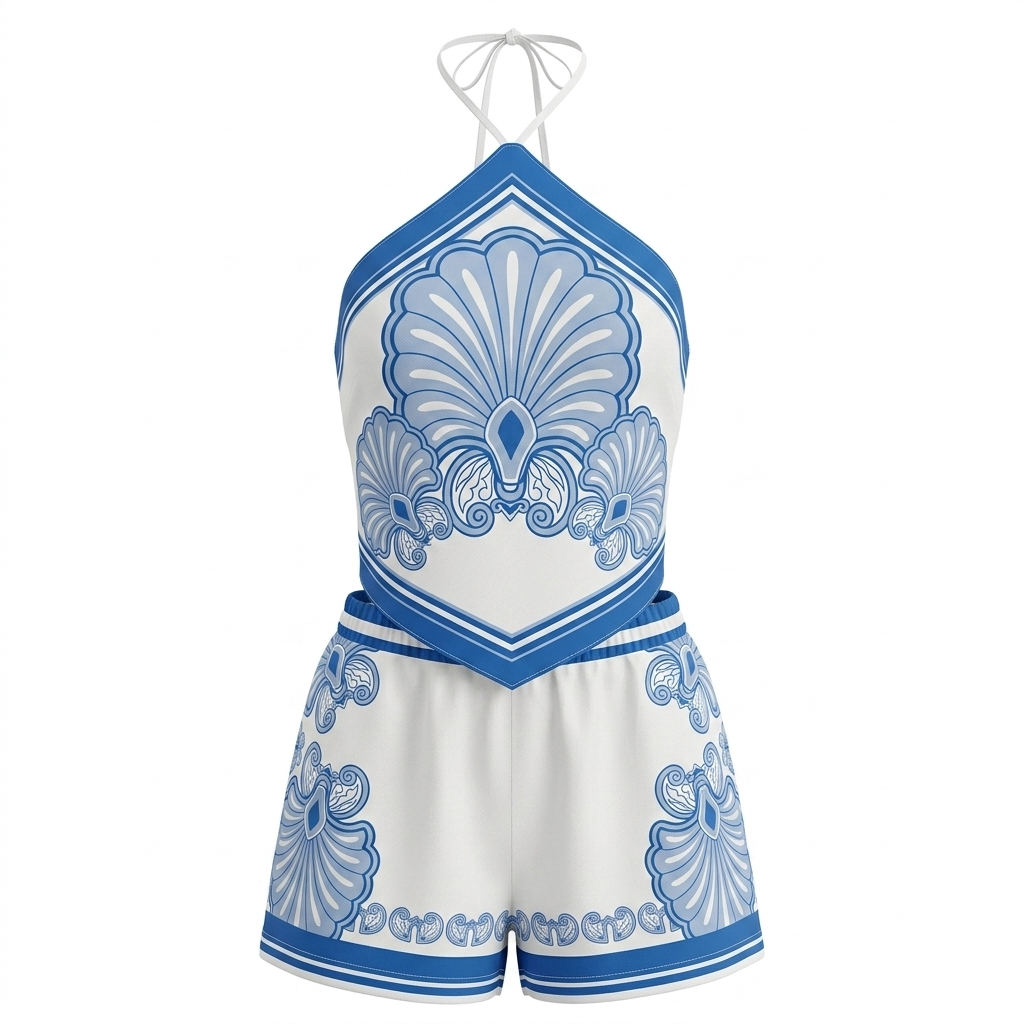 White and Blue Navy Top and Shorts Set
