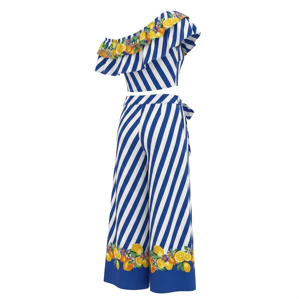 Blue and White Frutal Summer Top and Long Pants Set