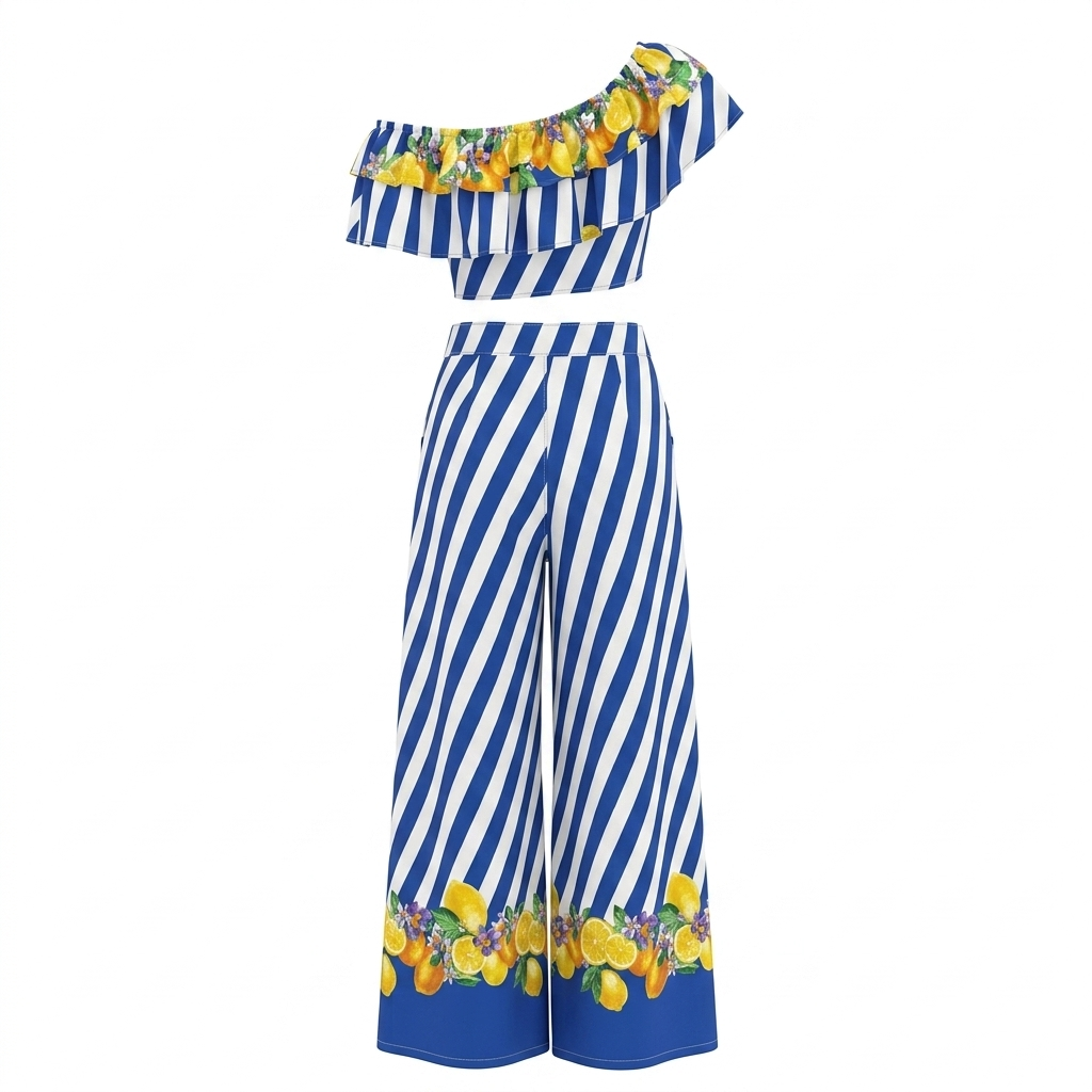 Blue and White Frutal Summer Top and Long Pants Set