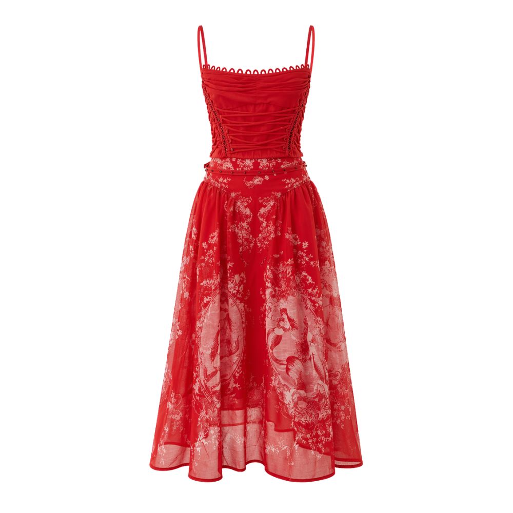 Red Lace Belted Dress