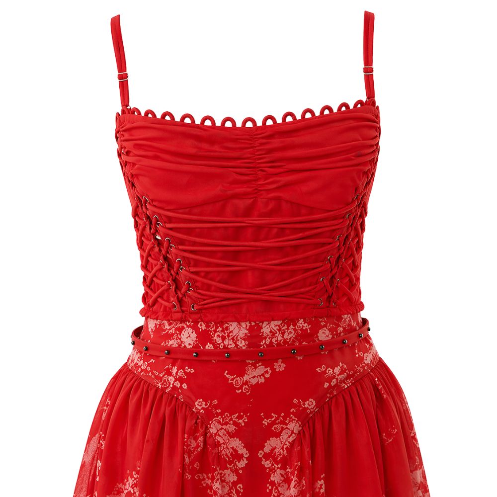 Red Lace Belted Dress