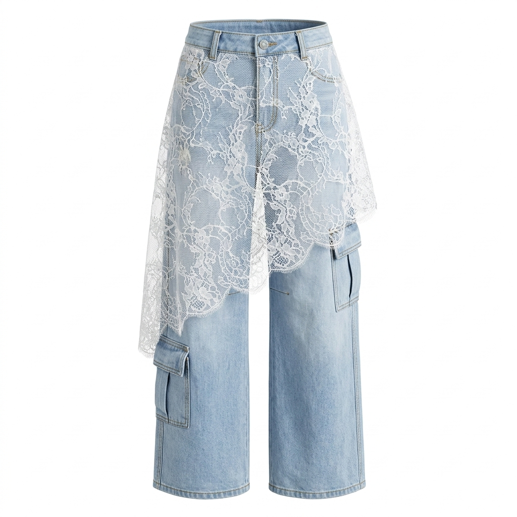 Denim Pants with White Lace Trim