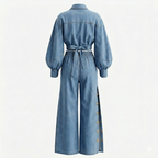 Two-Piece Denim Set: Sexy Open-Front Pants with Long-Sleeve Blouse