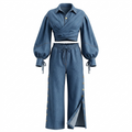 Two-Piece Denim Set: Sexy Open-Front Pants with Long-Sleeve Blouse