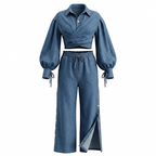Two-Piece Denim Set: Sexy Open-Front Pants with Long-Sleeve Blouse