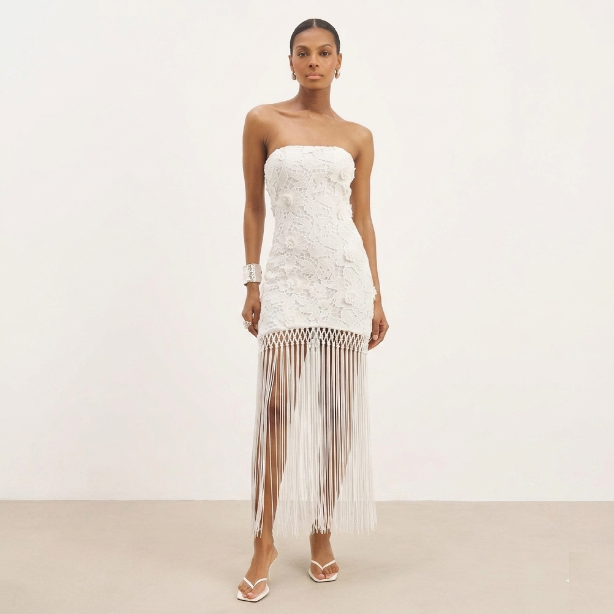 Elegant White Embroidered Strapless Dress