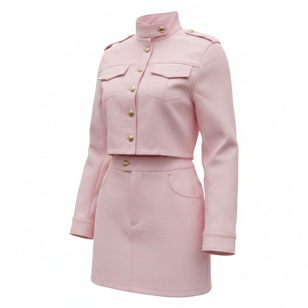 Pink Skirt and Jacket Outfit with High Neck