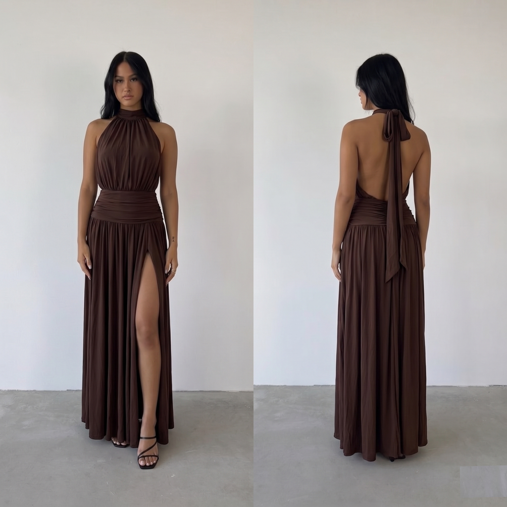 Elegant Brown High-Neck Dress