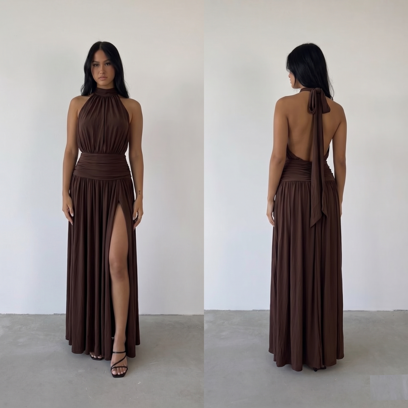 Elegant Brown High-Neck Dress