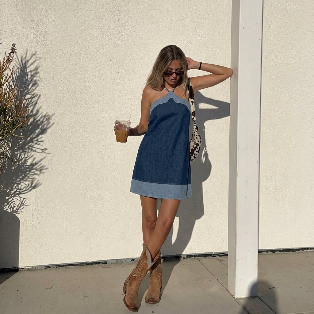 Blue Denim Semi-Strapless Dress