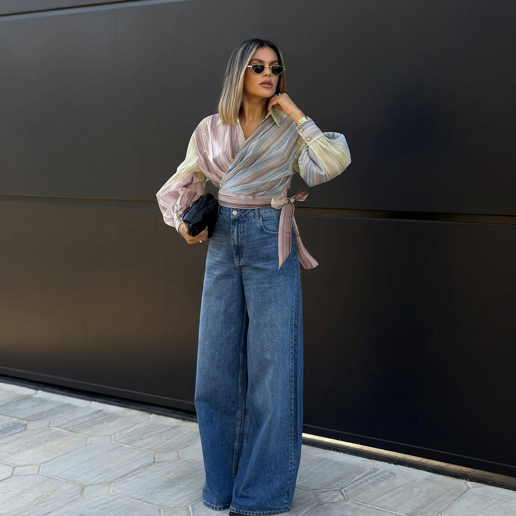 Long-Sleeve Striped Blouse with Adjustable Ties