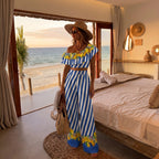 Blue and White Frutal Summer Top and Long Pants Set