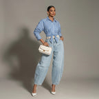 Blue and White Striped Long-Sleeve Blouse