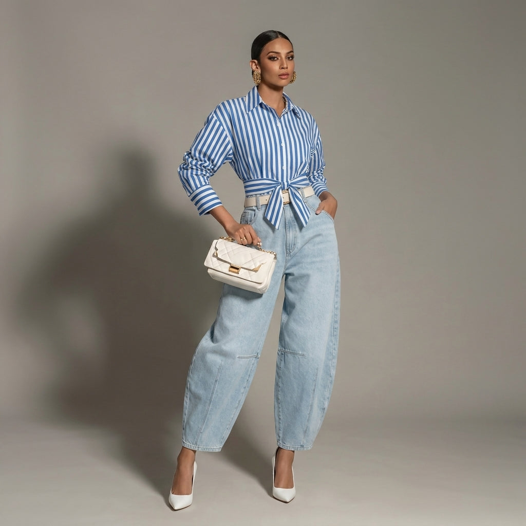 Blue and White Striped Long-Sleeve Blouse