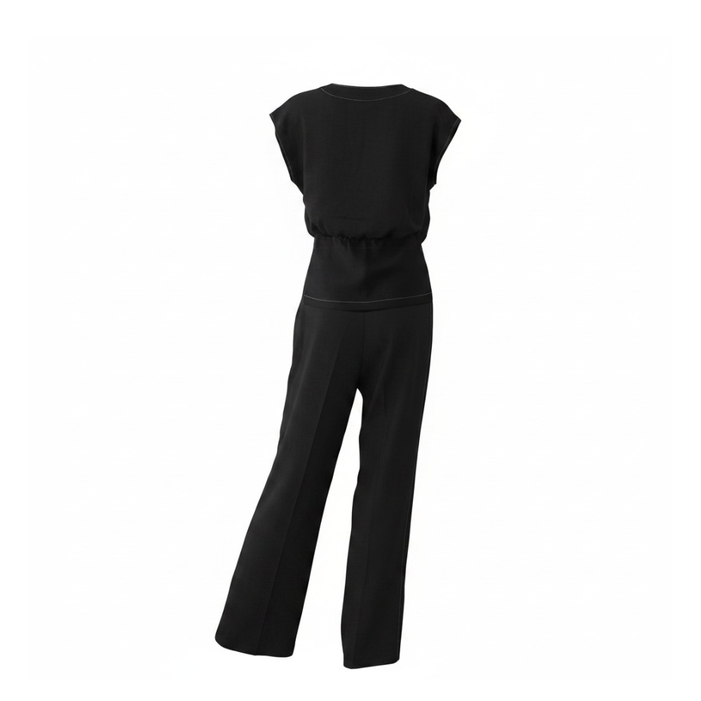 Elegant Long Black Two-Piece Set with Gold Accessory