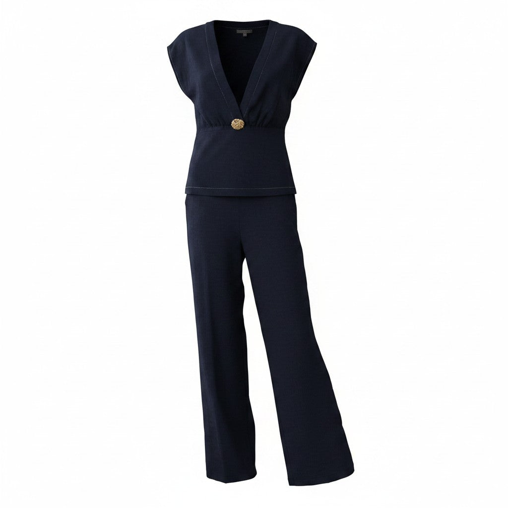 Elegant Long Black Two-Piece Set with Gold Accessory