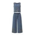 Blue Denim Long Pants & Top Ensemble Flowers