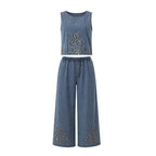 Blue Denim Long Pants & Top Ensemble Flowers