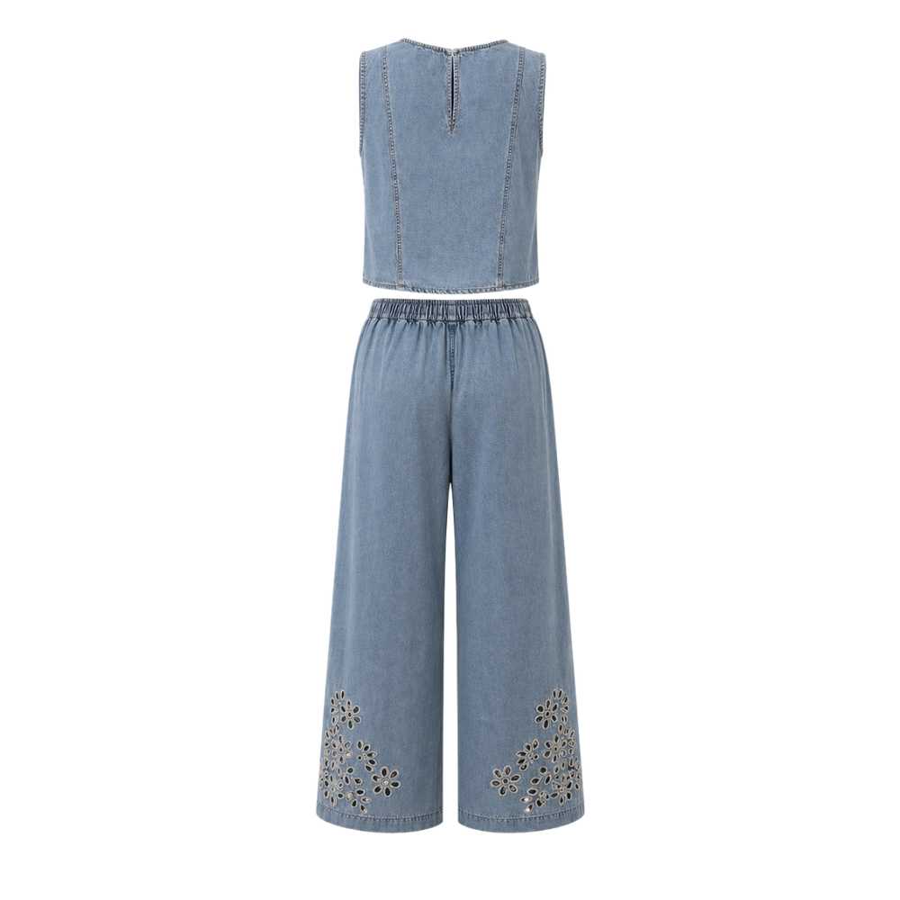 Blue Denim Long Pants & Top Ensemble Flowers