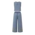 Blue Denim Long Pants & Top Ensemble Flowers