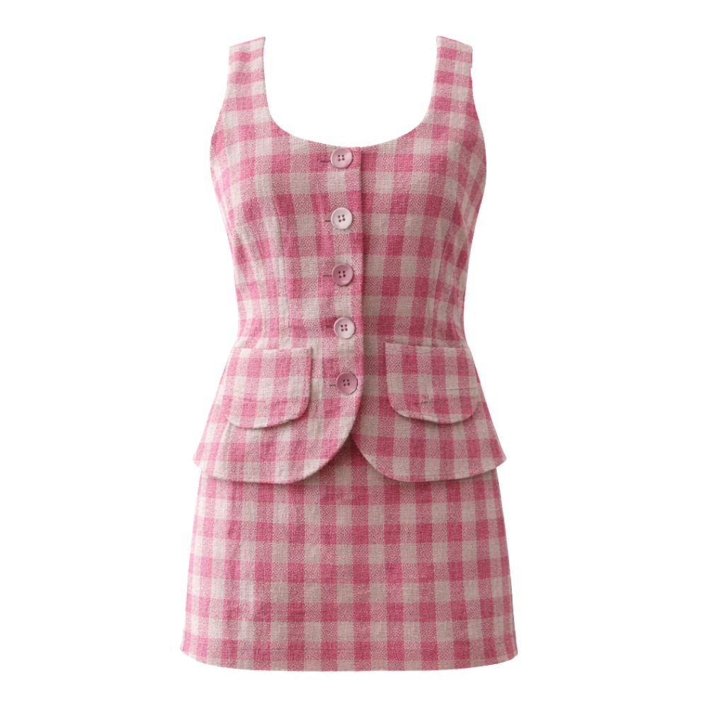 Pink Gingham Mini Skirt & Blouse Set