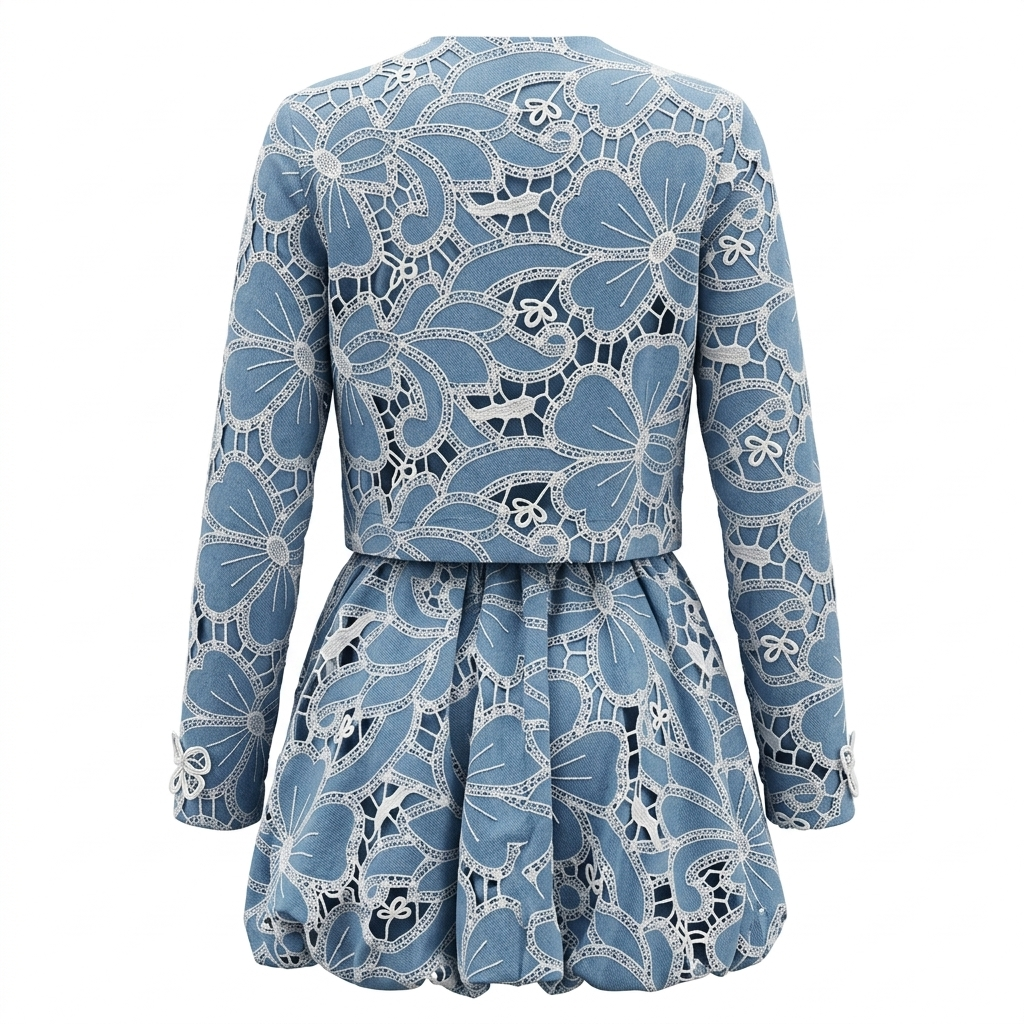 Short Embroidered Denim Dress with Jacket