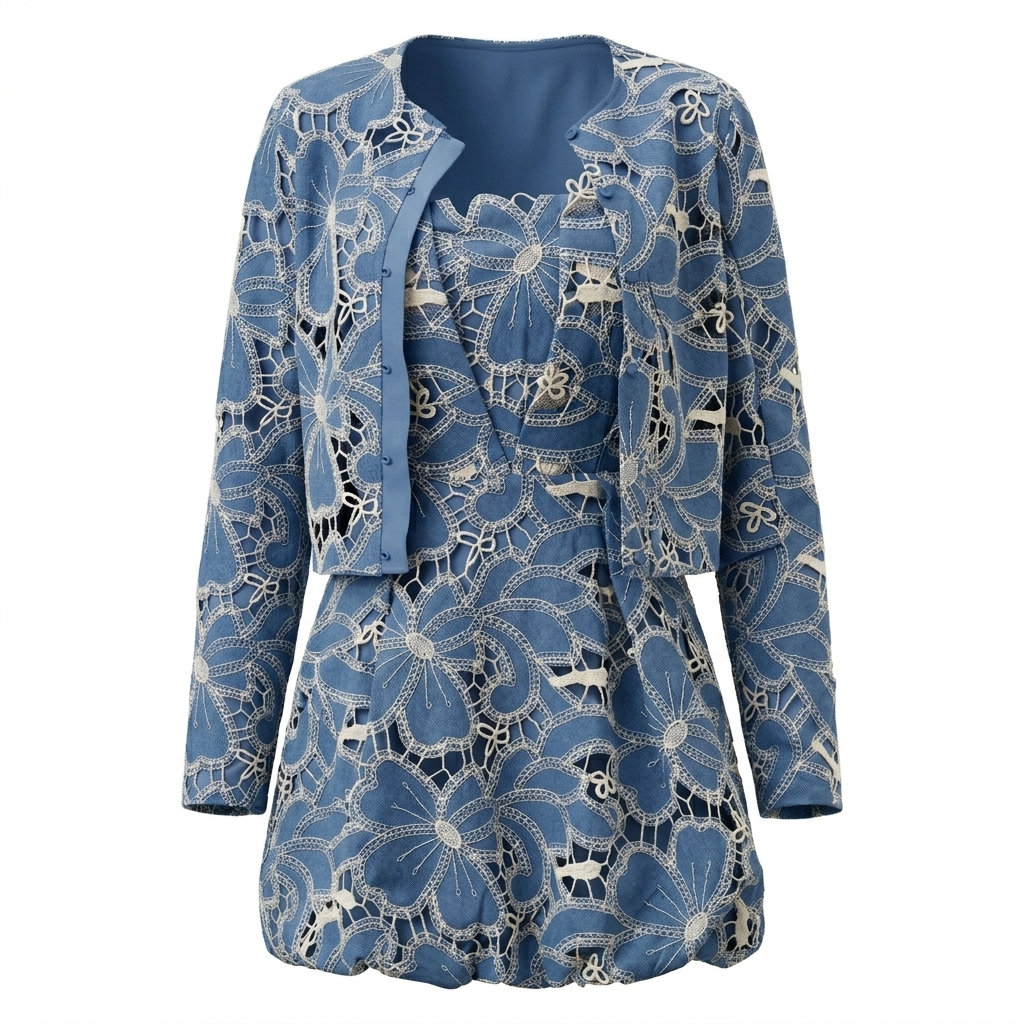 Short Embroidered Denim Dress with Jacket