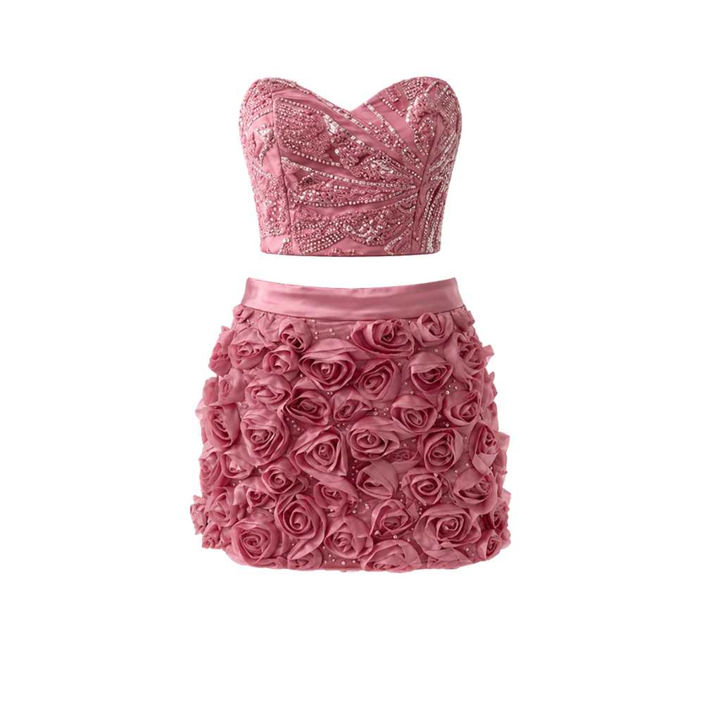 Pink Jewel-Detailed Top & Mini Skirt Ensemble