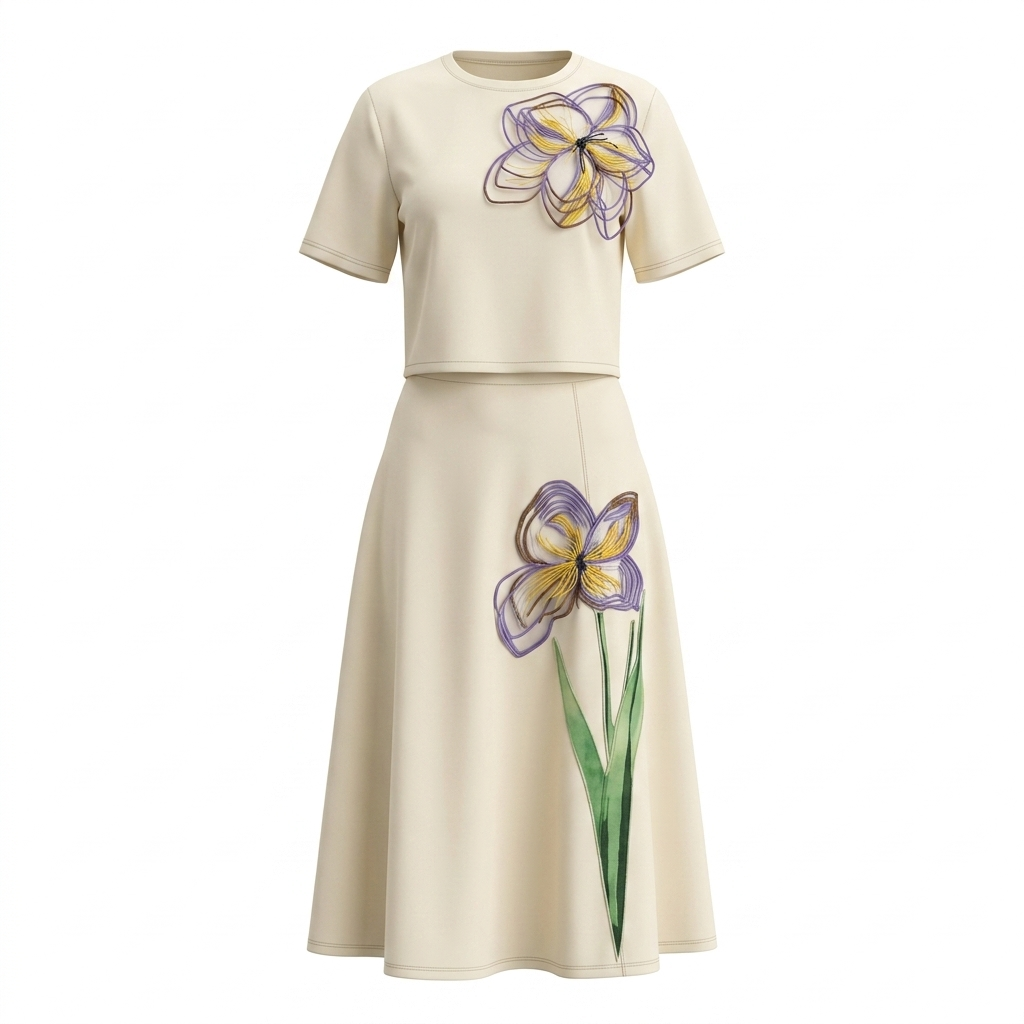 Two-Piece Set Cream Top and Long Skirt