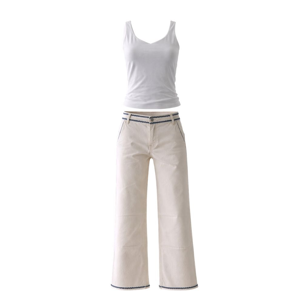 Modern Pearl White & Navy Detailed Jeans