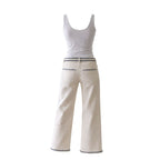 Modern Pearl White & Navy Detailed Jeans