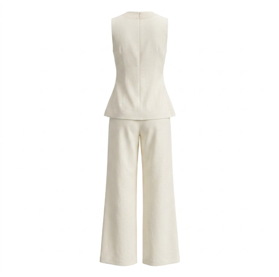 Beige Two-Piece Set with Long Pants and Elegant Blouse