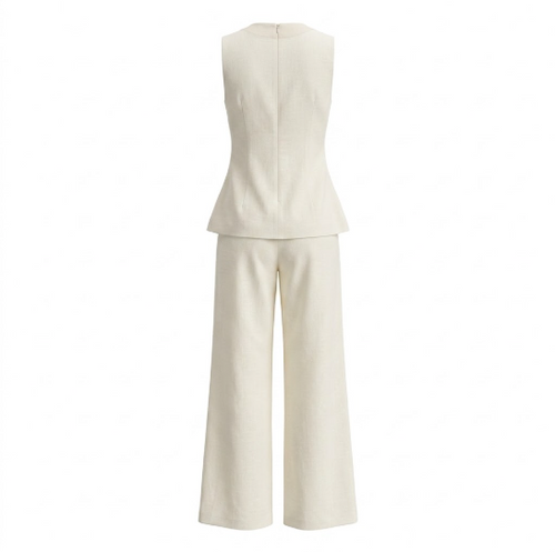 Beige Two-Piece Set with Long Pants and Elegant Blouse