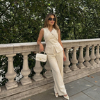 Beige Two-Piece Set with Long Pants and Elegant Blouse