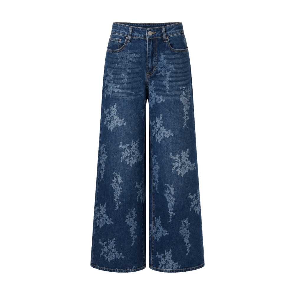 Blue Denim Jeans with Embroidered Flowers