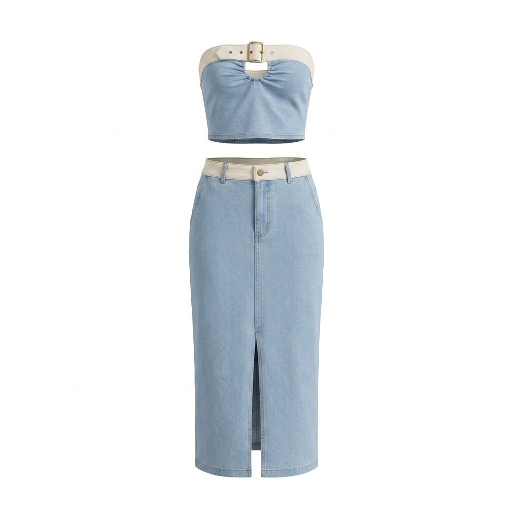 Chic Denim Maxi Skirt with Strap Top