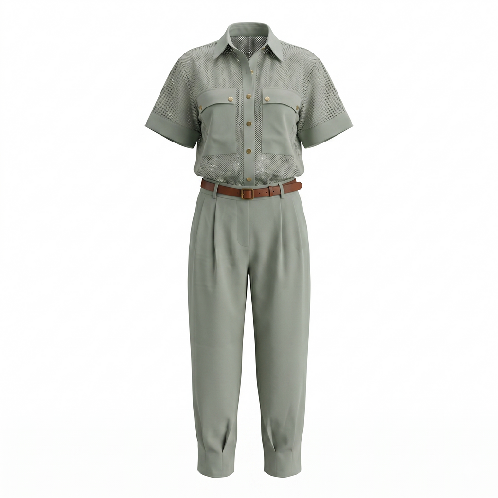 Olive Two-Piece Set with Pants, Blouse, and Belt