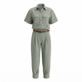 Olive Two-Piece Set with Pants, Blouse, and Belt