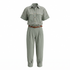 Olive Two-Piece Set with Pants, Blouse, and Belt