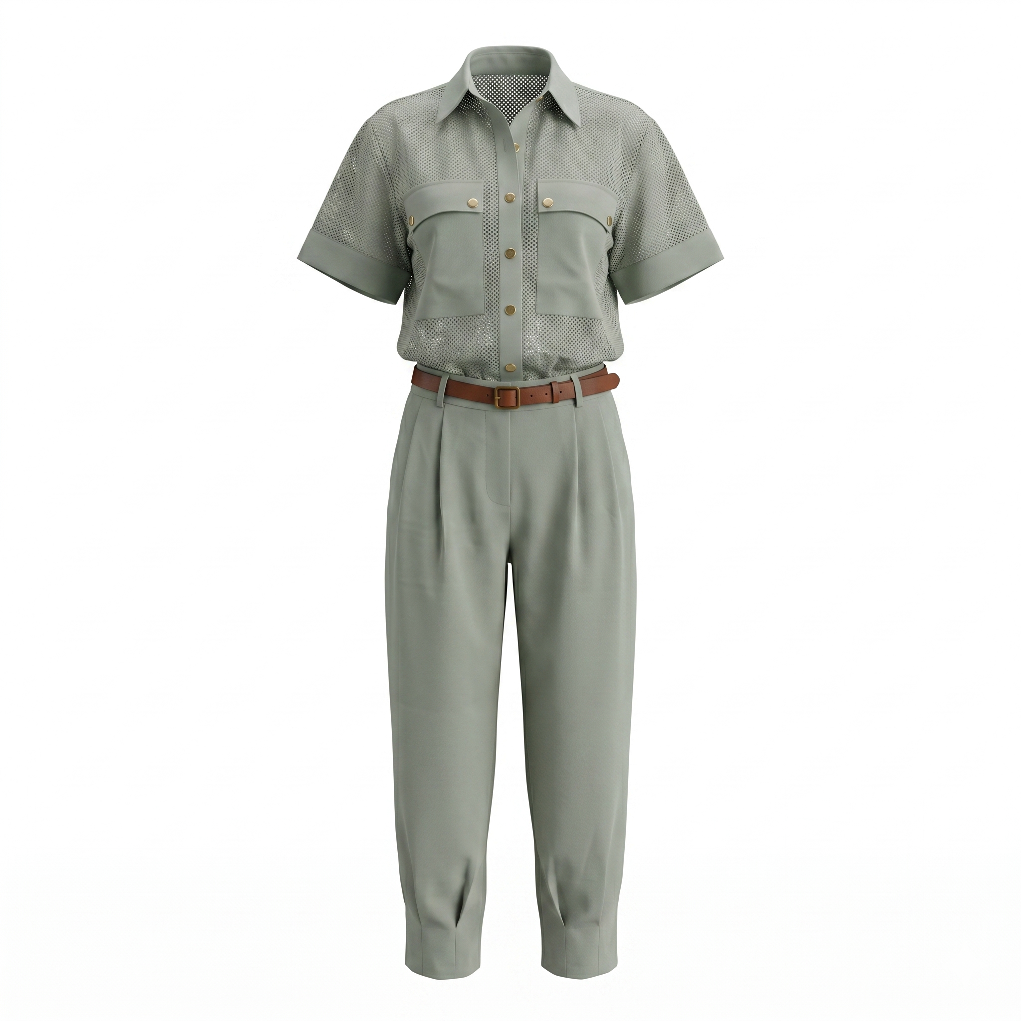 Olive Two-Piece Set with Pants, Blouse, and Belt