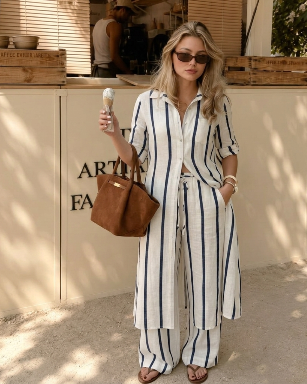 Stripes Set: Long Blouse and Long Linen Pants