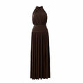 Coco Paris Fashion LLC chocolate brown jersey convertible maxi dress with halter neck and ruched waistband.