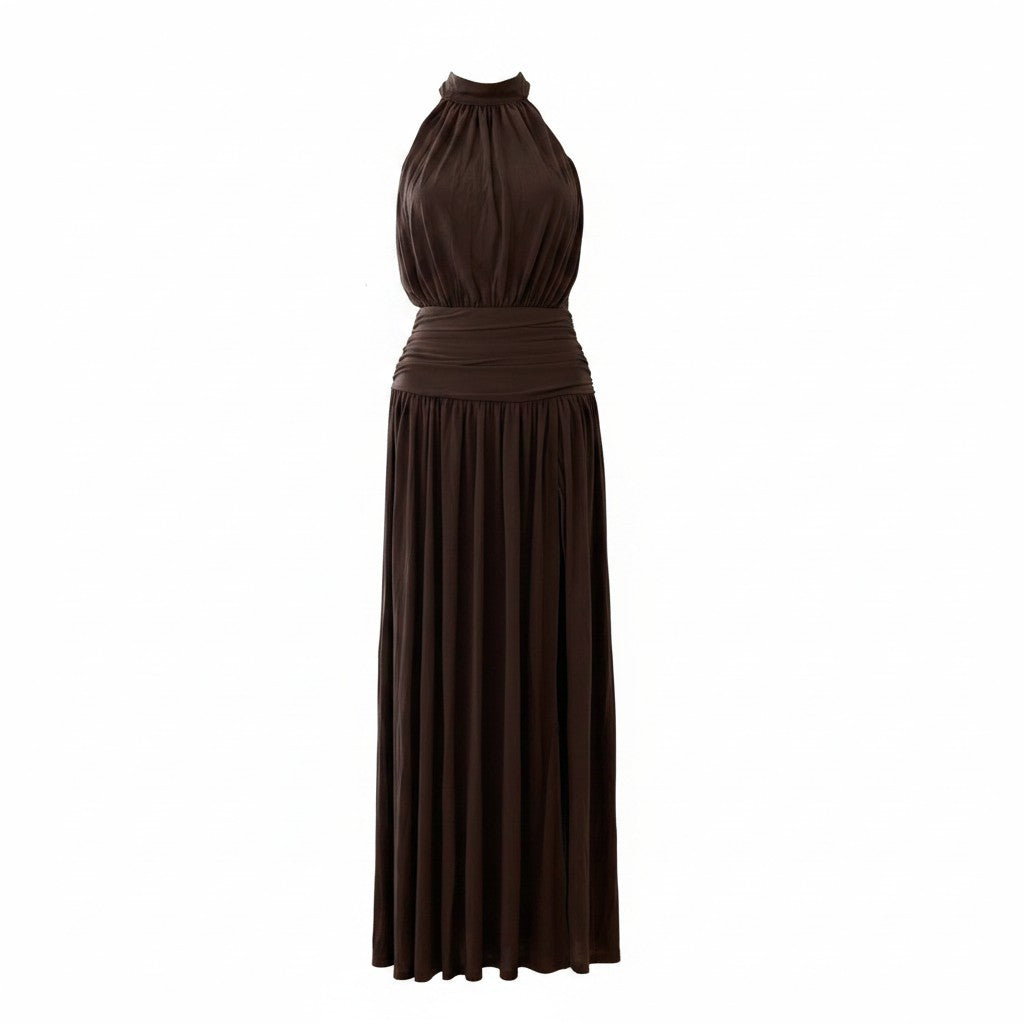 Coco Paris Fashion LLC chocolate brown jersey convertible maxi dress with halter neck and ruched waistband.